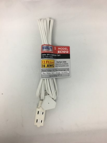 Harlyn EC1012 Indoor Outdoor Extension Cord - 12 Feet - White - 16 AWG Gauge - 1625 Watts - 13 Amp - 3 two-pronged outlets - Click Image to Close