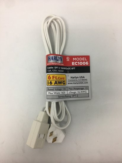 Harlyn EC1006 Indoor Outdoor Extension Cord - 6 Feet - White - 16 AWG Gauge - 1625 Watts - 13 Amp - 3 two-pronged outlets - Click Image to Close