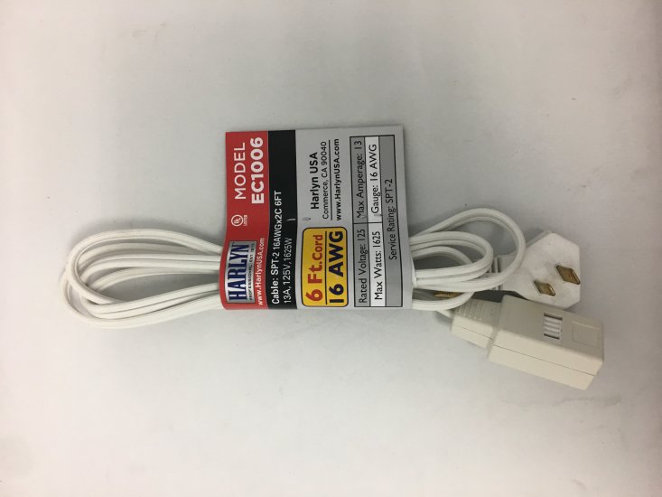 Harlyn EC1006 Indoor Outdoor Extension Cord - 6 Feet - White - 16 AWG Gauge - 1625 Watts - 13 Amp - 3 two-pronged outlets - Click Image to Close